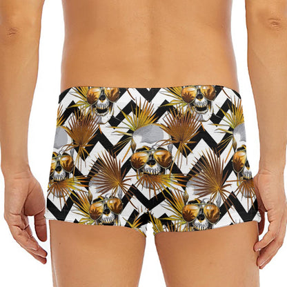 Gold Tropical Skull Pattern Print Men's Short Boxer Briefs