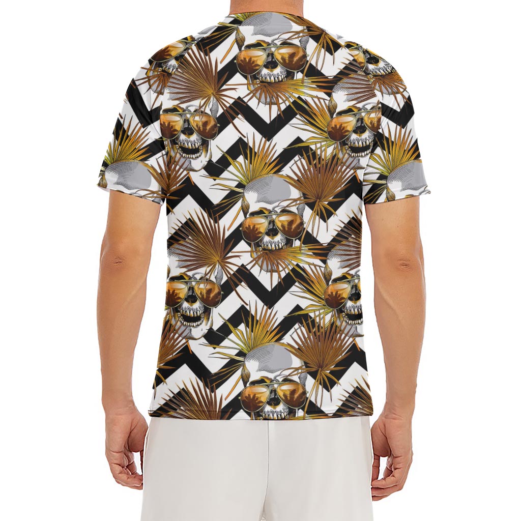 Gold Tropical Skull Pattern Print Men's Short Sleeve Rash Guard