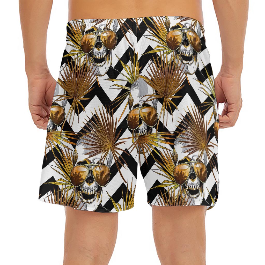 Gold Tropical Skull Pattern Print Men's Split Running Shorts