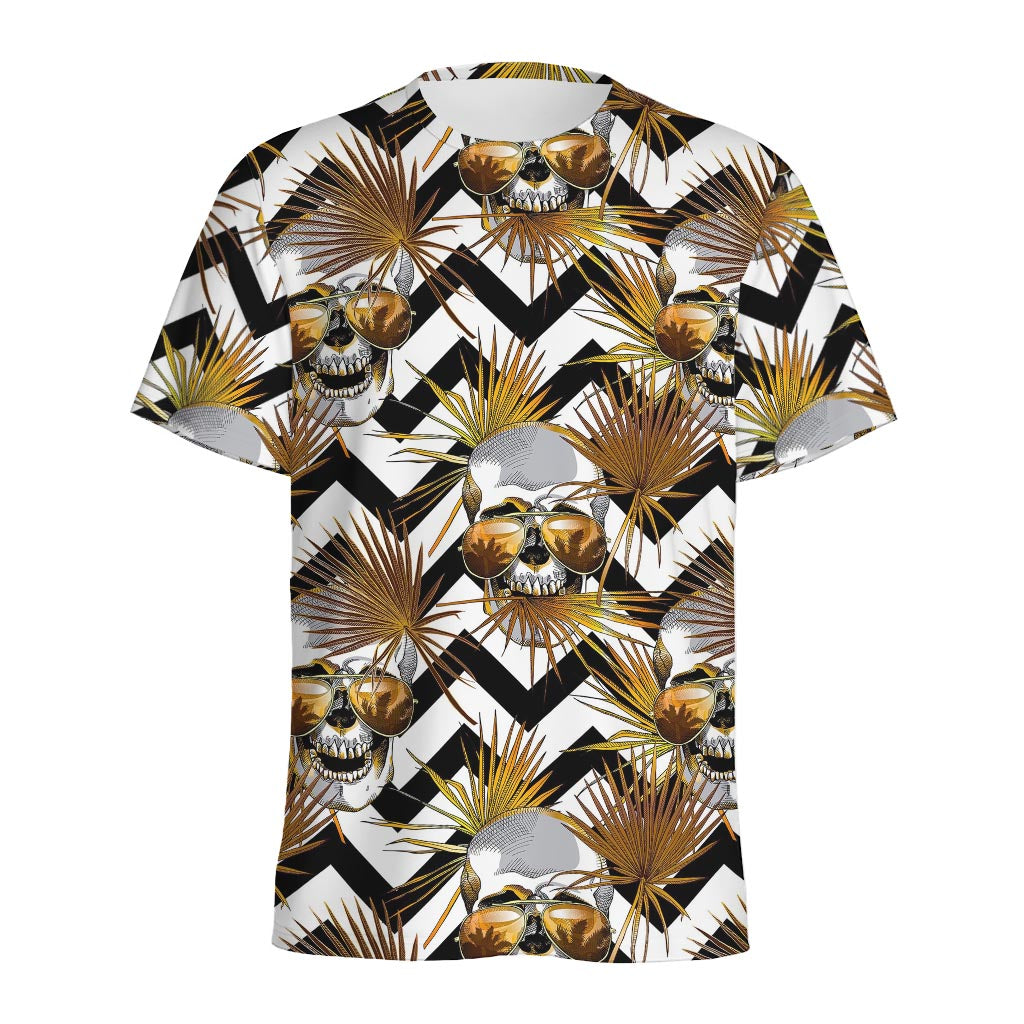 Gold Tropical Skull Pattern Print Men's Sports T-Shirt