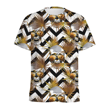 Gold Tropical Skull Pattern Print Men's Sports T-Shirt