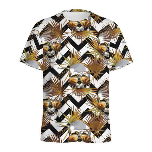 Gold Tropical Skull Pattern Print Men's Sports T-Shirt