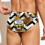 Gold Tropical Skull Pattern Print Men's Swim Briefs