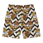 Gold Tropical Skull Pattern Print Men's Swim Trunks