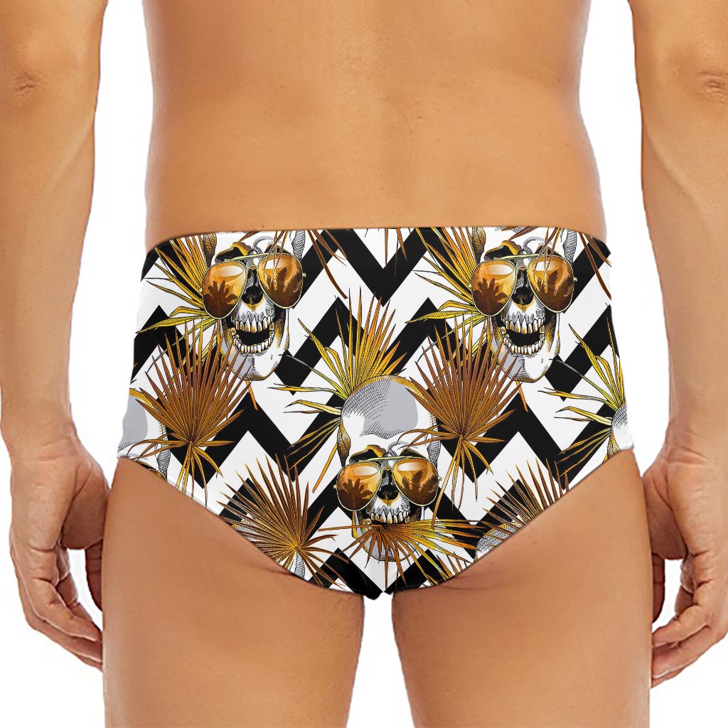 Gold Tropical Skull Pattern Print Men's Triangle Swim Briefs