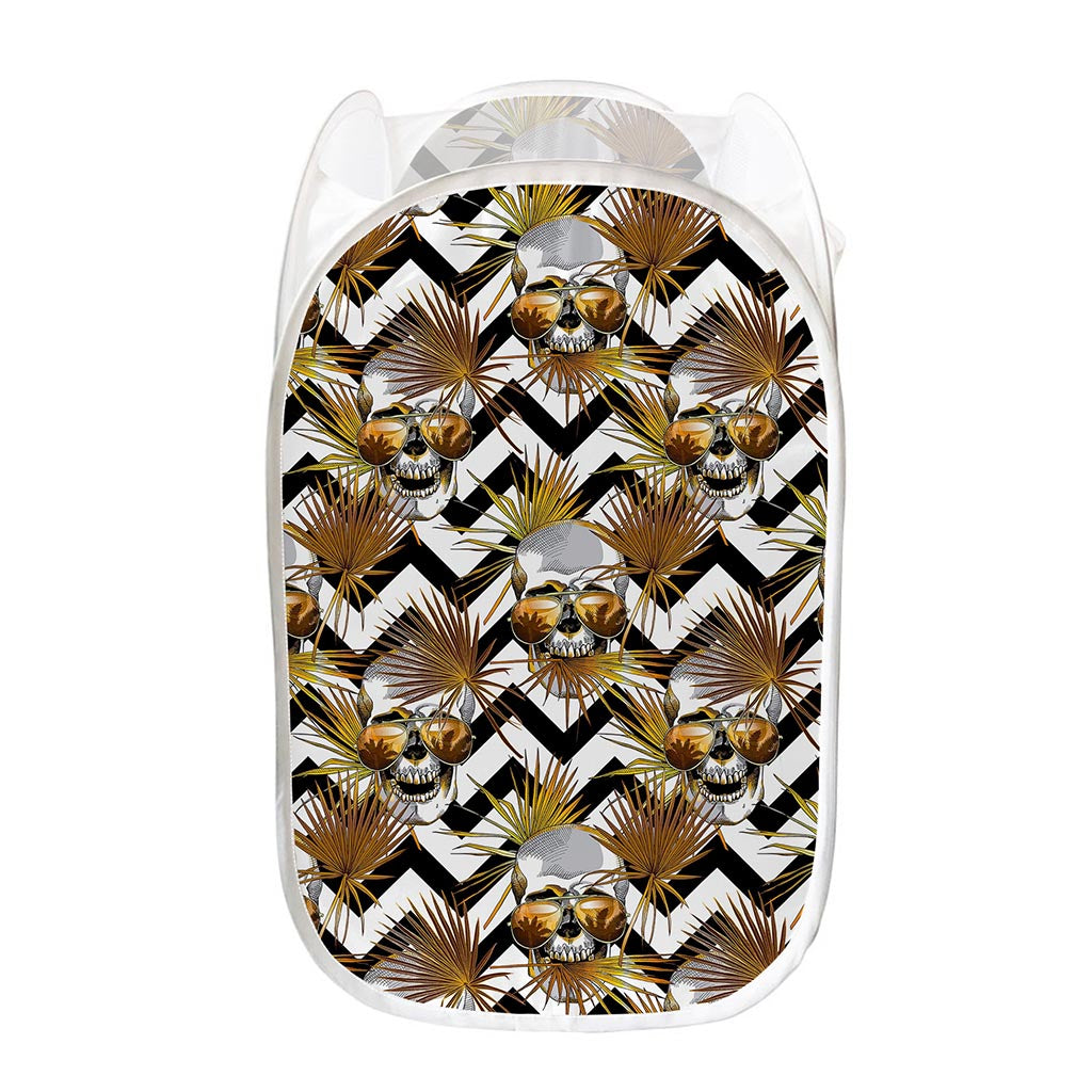 Gold Tropical Skull Pattern Print Mesh Laundry Hamper