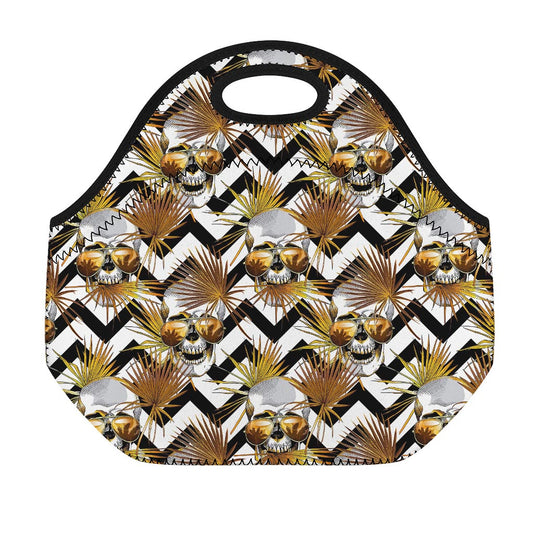 Gold Tropical Skull Pattern Print Neoprene Lunch Bag