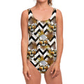 Gold Tropical Skull Pattern Print One Piece Swimsuit