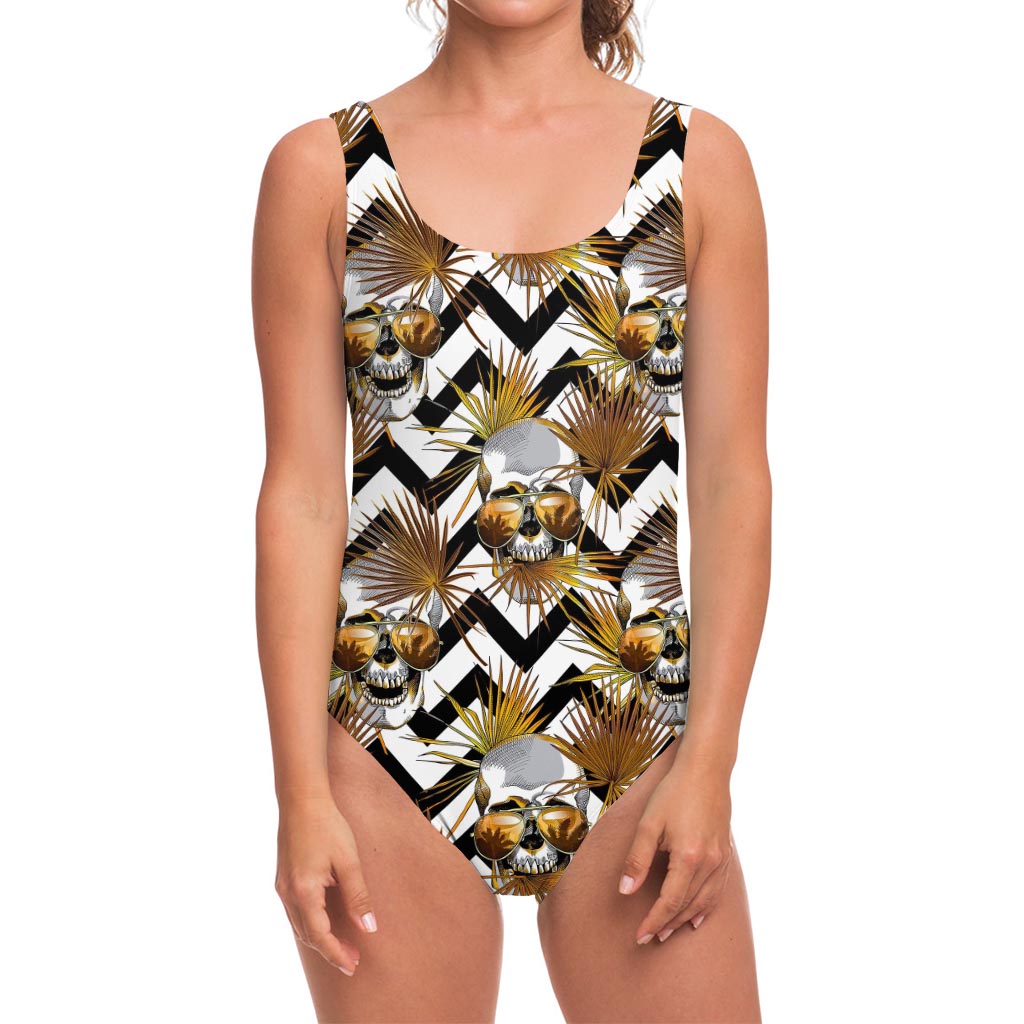 Gold Tropical Skull Pattern Print One Piece Swimsuit