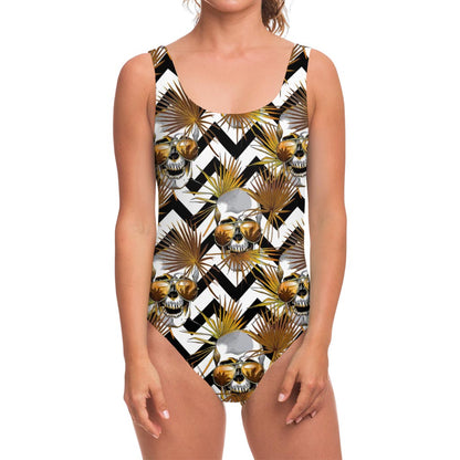 Gold Tropical Skull Pattern Print One Piece Swimsuit