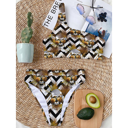 Gold Tropical Skull Pattern Print One Shoulder Bikini Top