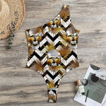 Gold Tropical Skull Pattern Print One Shoulder Bodysuit