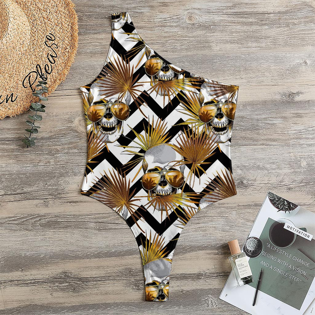 Gold Tropical Skull Pattern Print One Shoulder Bodysuit
