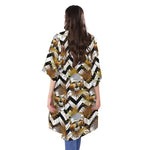 Gold Tropical Skull Pattern Print Open Front Beach Cover Up