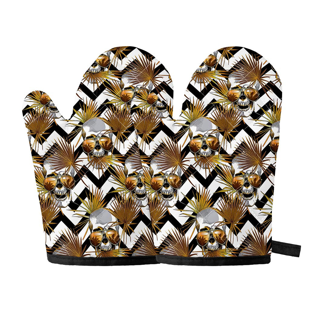 Gold Tropical Skull Pattern Print Oven Mitts