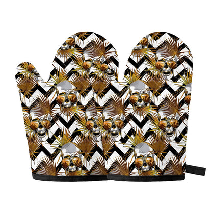 Gold Tropical Skull Pattern Print Oven Mitts