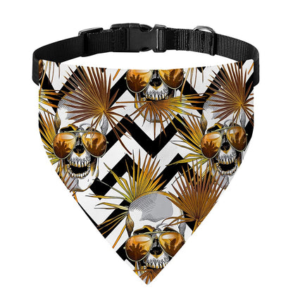 Gold Tropical Skull Pattern Print Over The Collar Dog Bandana