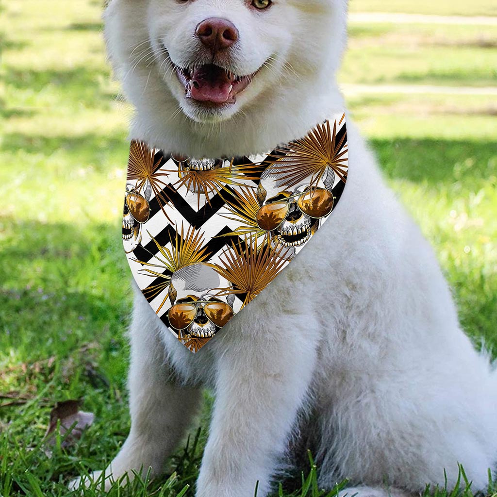 Gold Tropical Skull Pattern Print Over The Collar Dog Bandana