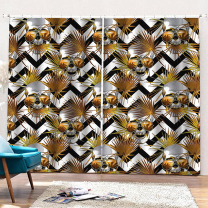 Gold Tropical Skull Pattern Print Pencil Pleat Curtains