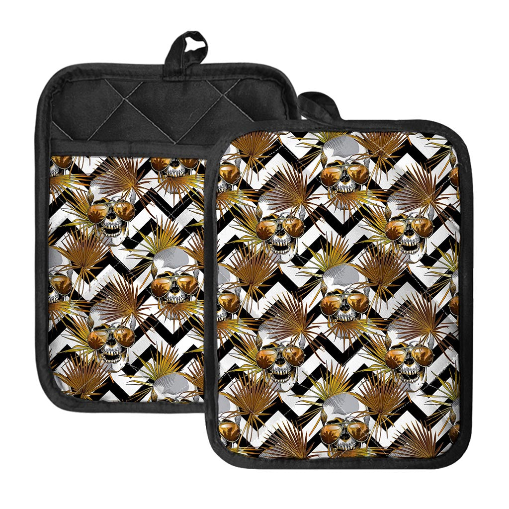 Gold Tropical Skull Pattern Print Pot Holders With Pocket