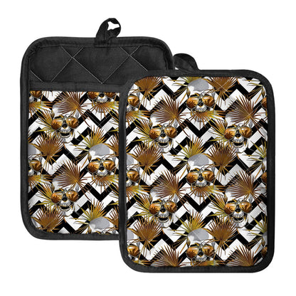 Gold Tropical Skull Pattern Print Pot Holders With Pocket