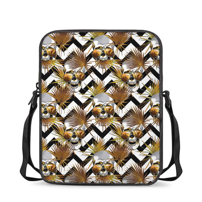 Gold Tropical Skull Pattern Print Rectangular Crossbody Bag