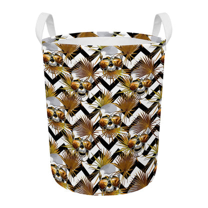 Gold Tropical Skull Pattern Print Round Laundry Basket