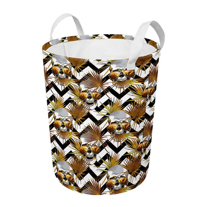 Gold Tropical Skull Pattern Print Round Laundry Basket