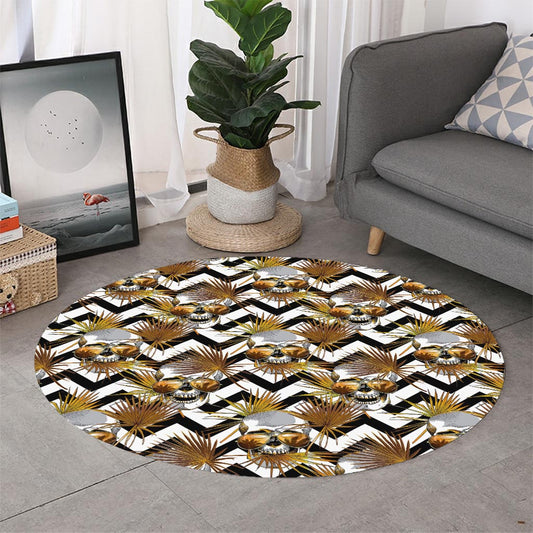 Gold Tropical Skull Pattern Print Round Rug