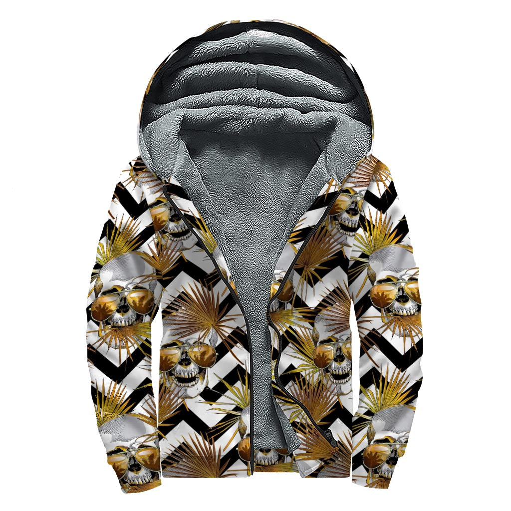 Gold Tropical Skull Pattern Print Sherpa Lined Zip Up Hoodie