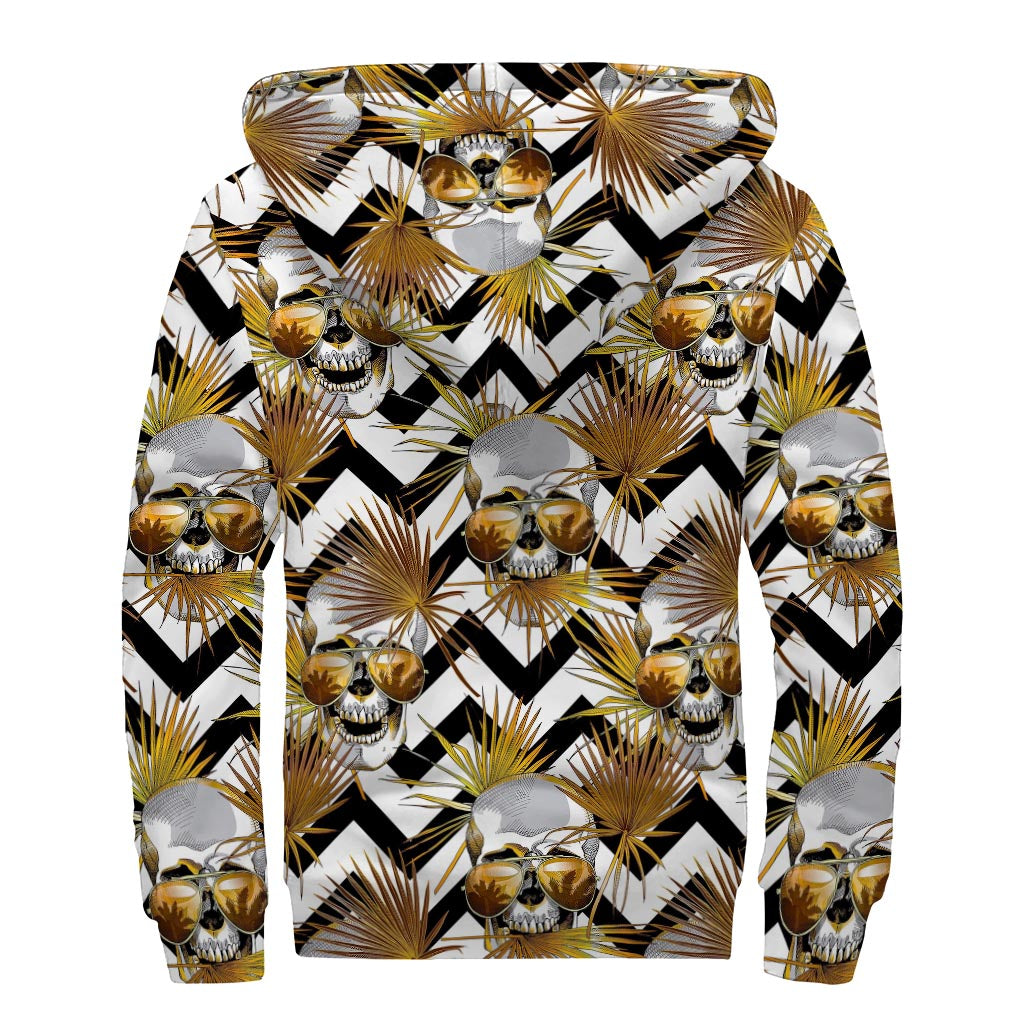 Gold Tropical Skull Pattern Print Sherpa Lined Zip Up Hoodie