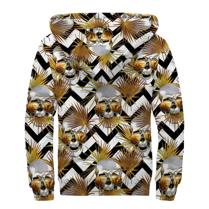 Gold Tropical Skull Pattern Print Sherpa Lined Zip Up Hoodie