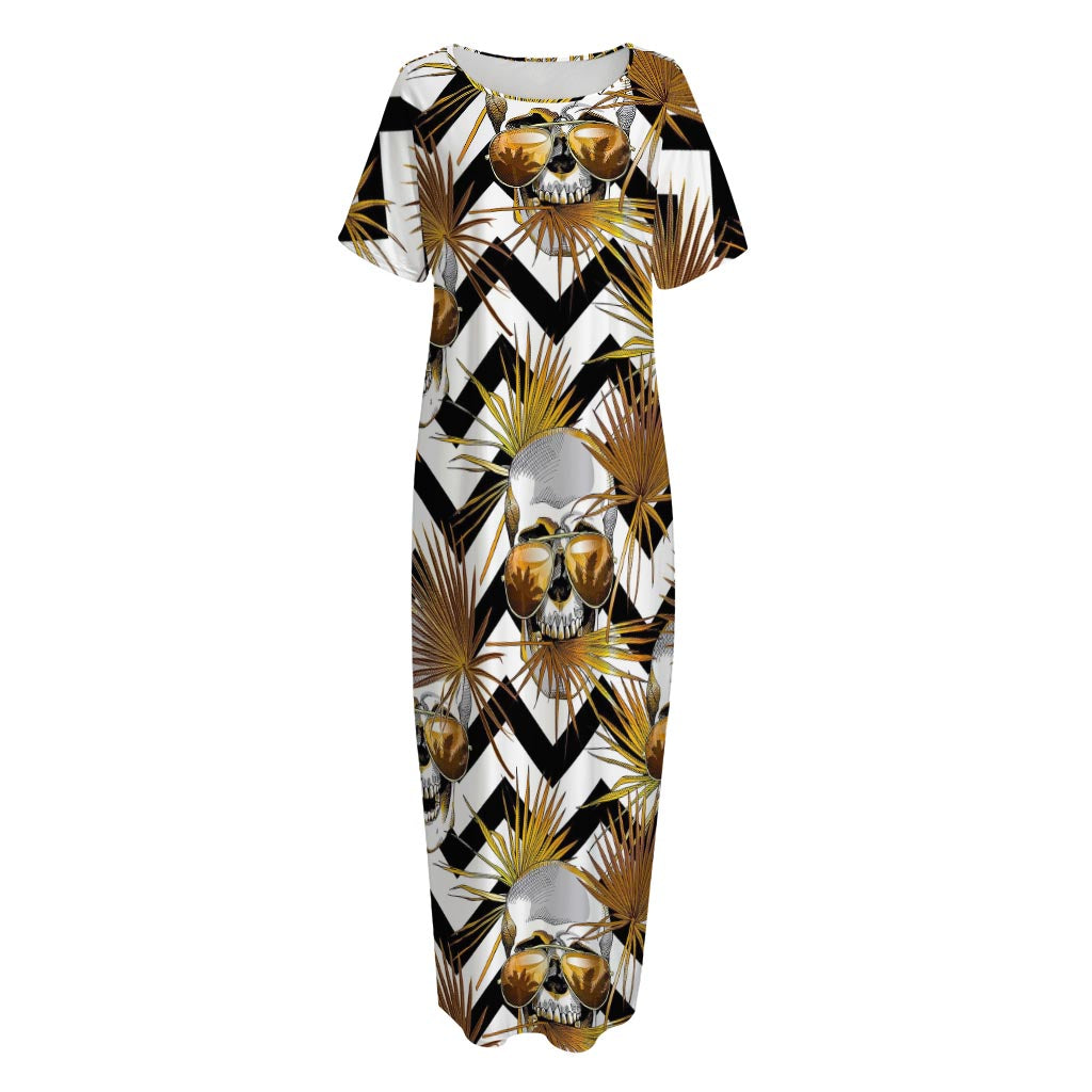 Gold Tropical Skull Pattern Print Short Sleeve Long Nightdress
