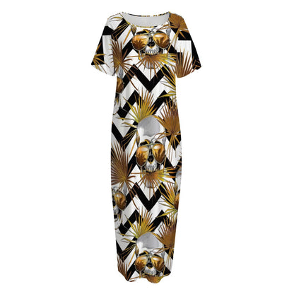 Gold Tropical Skull Pattern Print Short Sleeve Long Nightdress