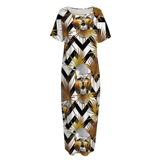 Gold Tropical Skull Pattern Print Short Sleeve Long Nightdress