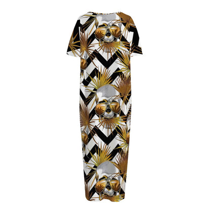 Gold Tropical Skull Pattern Print Short Sleeve Long Nightdress