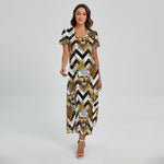 Gold Tropical Skull Pattern Print Short Sleeve Maxi Dress