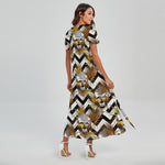 Gold Tropical Skull Pattern Print Short Sleeve Maxi Dress