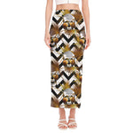 Gold Tropical Skull Pattern Print Side Slit Maxi Skirt