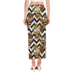 Gold Tropical Skull Pattern Print Side Slit Maxi Skirt