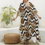 Gold Tropical Skull Pattern Print Silk V-Neck Kaftan Dress