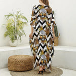 Gold Tropical Skull Pattern Print Silk V-Neck Kaftan Dress