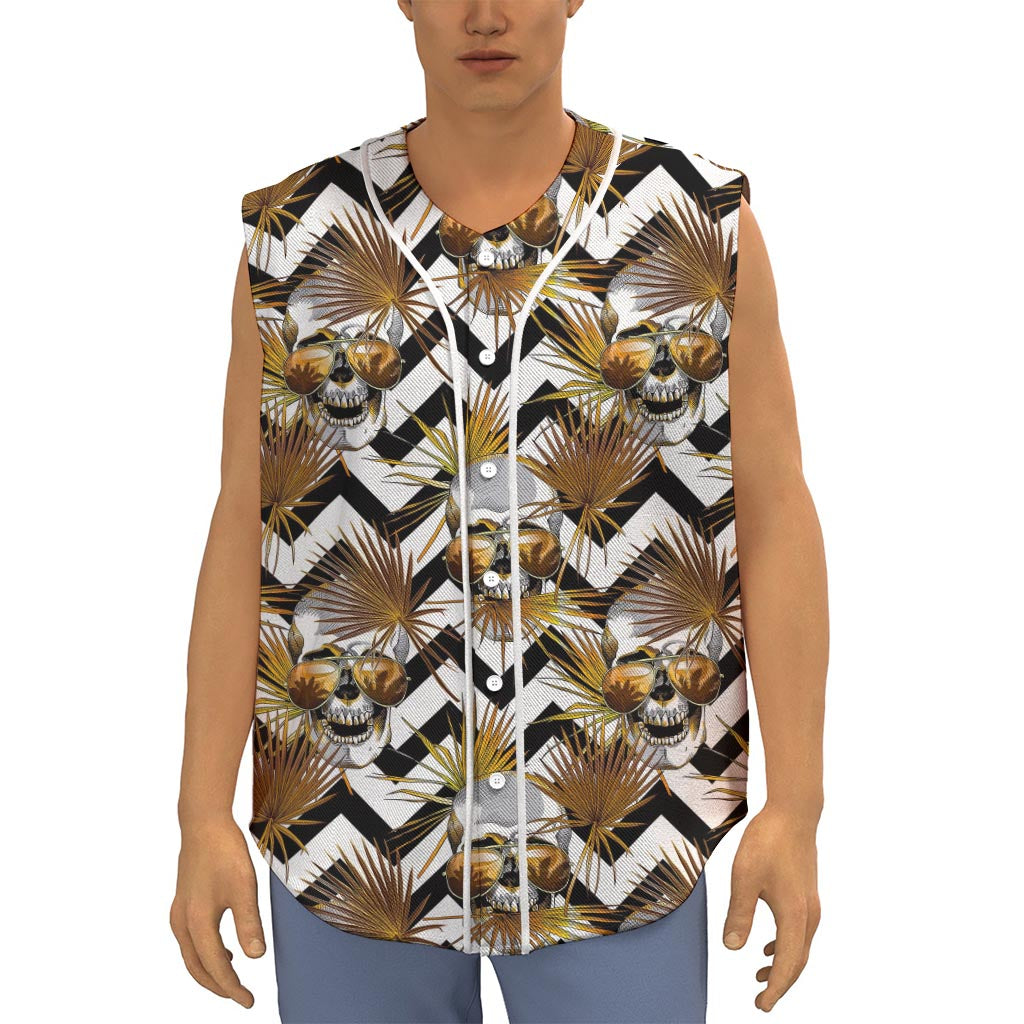 Gold Tropical Skull Pattern Print Sleeveless Baseball Jersey