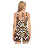 Gold Tropical Skull Pattern Print Sleeveless One Piece Swimsuit
