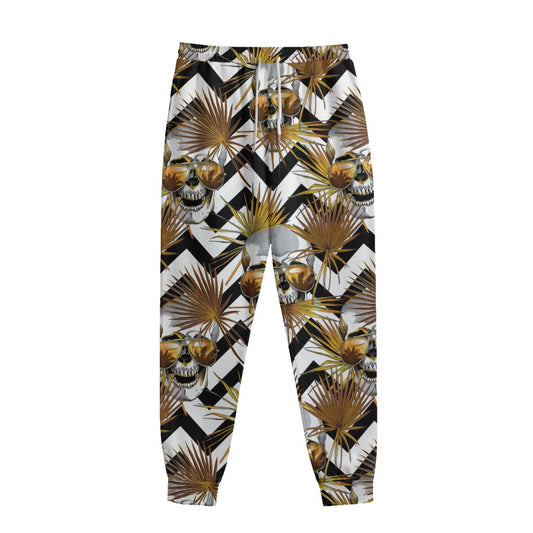 Gold Tropical Skull Pattern Print Sweatpants