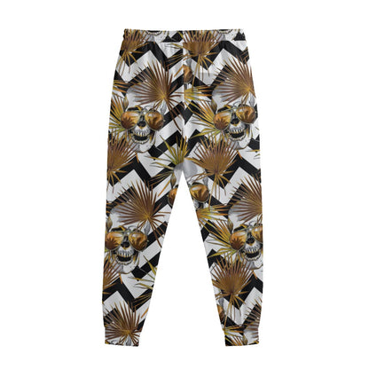 Gold Tropical Skull Pattern Print Sweatpants