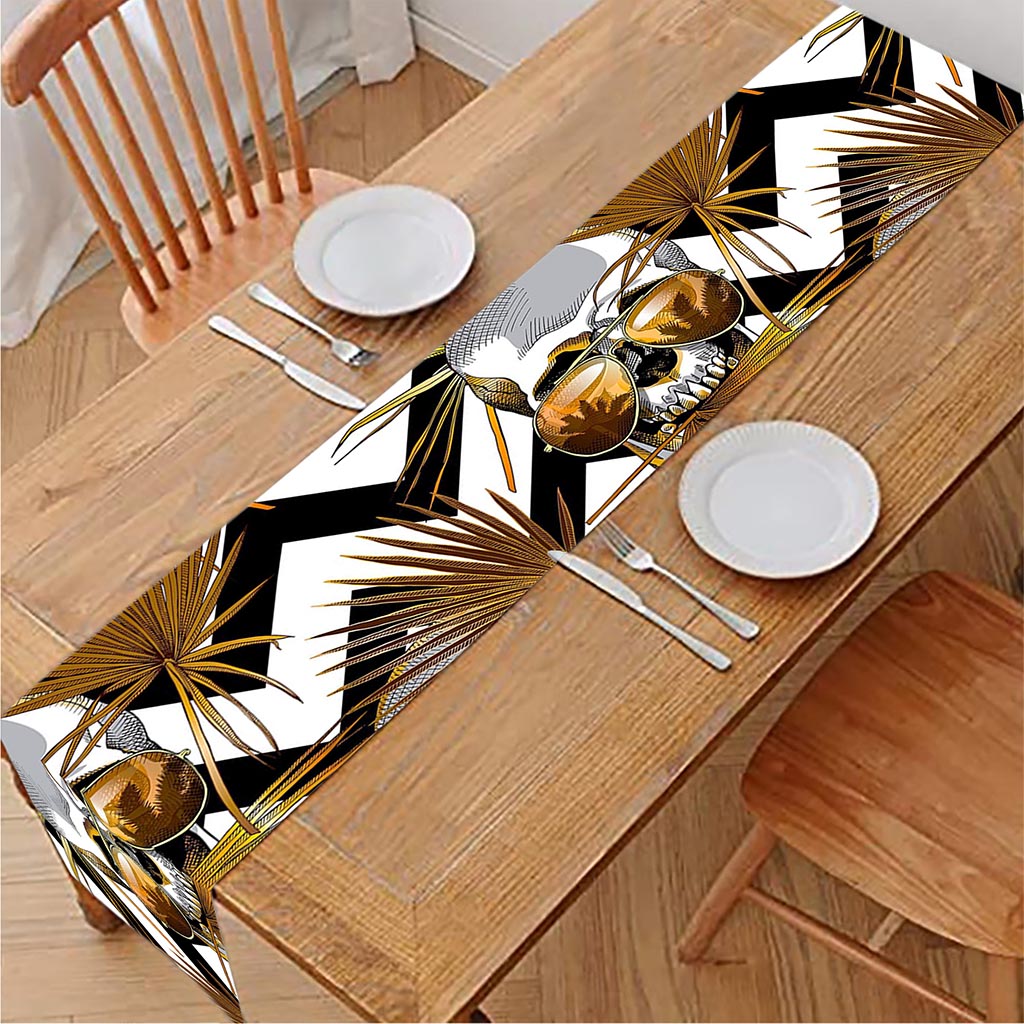 Gold Tropical Skull Pattern Print Table Runner