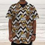 Gold Tropical Skull Pattern Print Textured Short Sleeve Shirt
