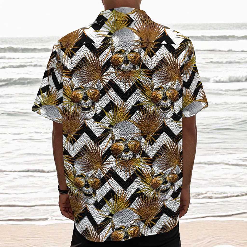 Gold Tropical Skull Pattern Print Textured Short Sleeve Shirt