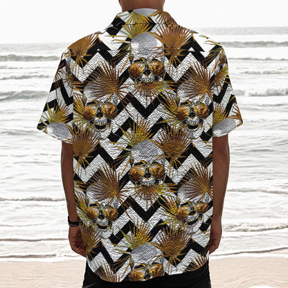 Gold Tropical Skull Pattern Print Textured Short Sleeve Shirt